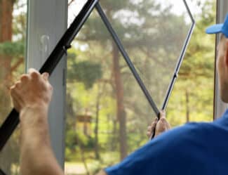 Man Installing Mosquito Net Wire Mesh On House Window